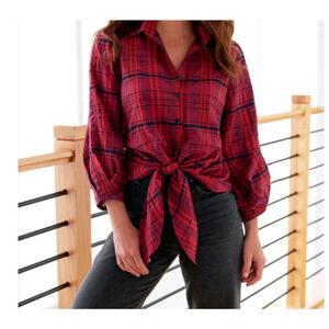 Finley Emmy Red Plaid Tie Front Button Up Shirt M Cotton Puff Sleeve Blouse